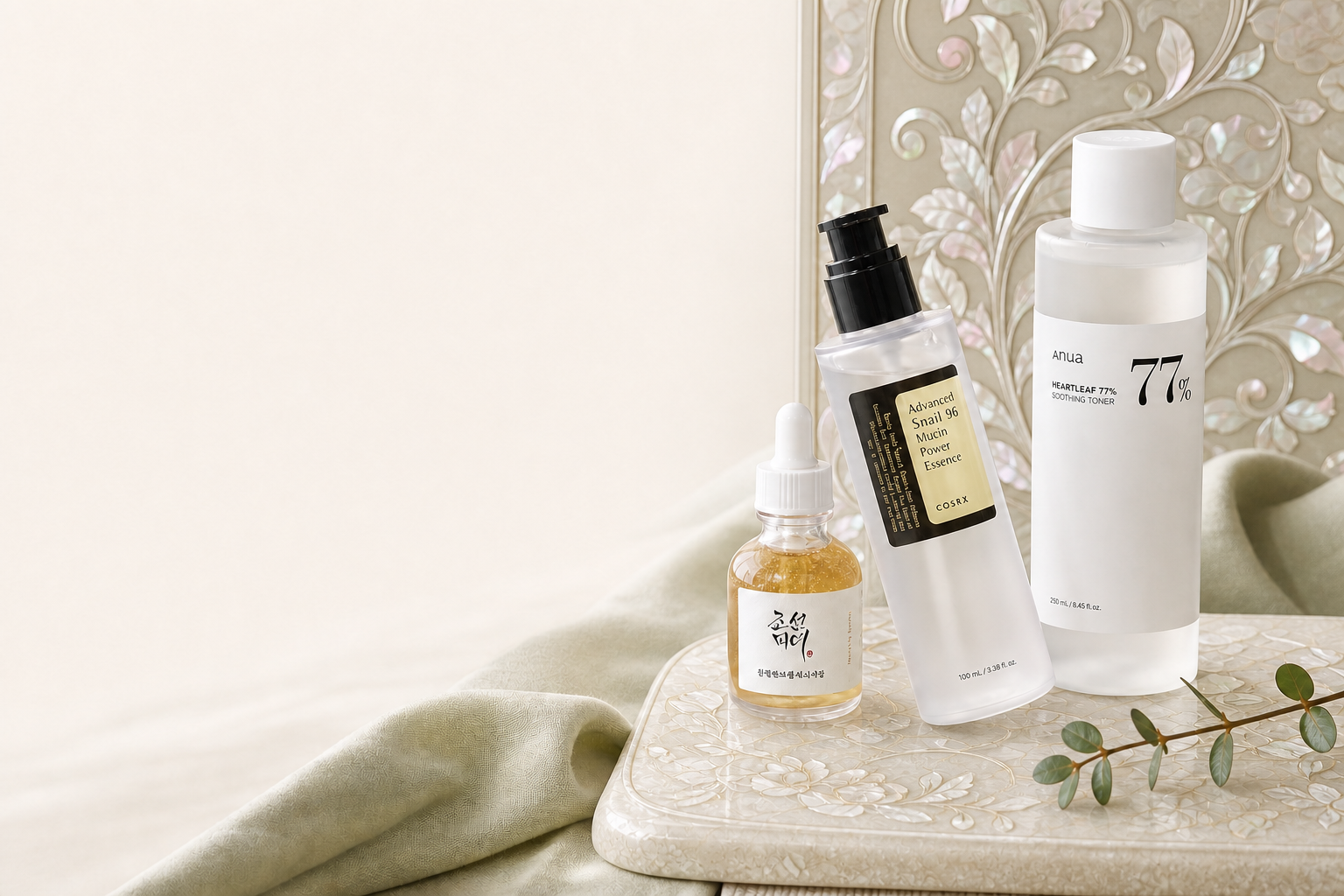 Selezione di prodotti K-Beauty su una superficie decorata con madreperla coreana